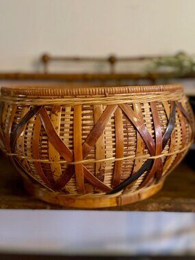 Vintage Handwoven Wooden Burnt Bamboo Basket | Coastal Decor